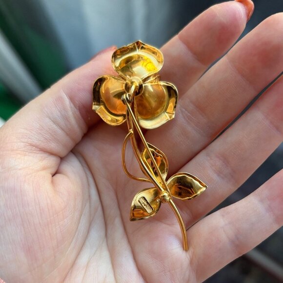 Bond Boyd Gold Filled 3D Rose Brooch with 3 Leaves Beautiful Statement - Picture 3 of 5